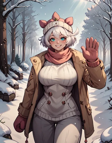 a woman in a white top and brown coat walking through a snowy forest