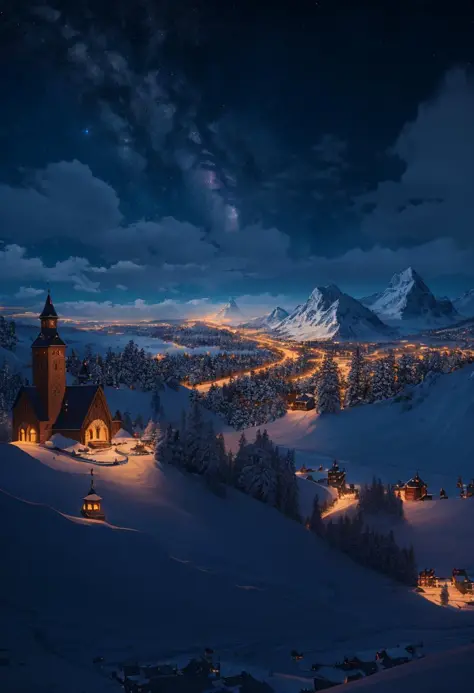 ((best quality)), ((masterpiece)), ((ultra realistic)), ((night)), vast snowy mountain range, blizzard, sprawling medieval city ...