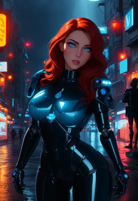 ((best quality)), ((masterpiece)), ((ultra realistic)), (dynamic sexy pose), french redhead, beautiful detailed face, detailed eyes, sexy police woman, robotic, reflections, dressed in a latex soft blue uniform, night time rainy street in a cyberpunk city, neon edge lighting, highly detailed,  professional,