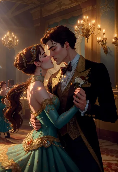 ((best quality)), ((masterpiece)), ((ultra realistic)), ((disney style)), beautiful intricately detailed soft oil painting by jim lee, decadent victorian ballroom, opulent couple kissing on the dance floor, extravagant intricately detailed clothing, crowd of dancing couples, soft edge lighting, highly detailed, ((body portrait)), professional, 8k, uhd, soft volumetric lighting, depth of field, film grain, smooth, roughness, real life, soft warm vibrant color palette