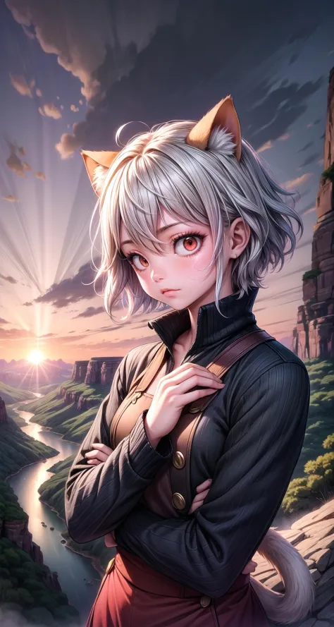 (masterpiece,intricate details),1boy,mature male,tired _face, BREAK neferpitou, <lora:neferpitou:1>, neferpitou, short hair, (red eyes:1.5), long sleeves, animal ears, tail, white hair, shorts, cat ears, cat tail, curly hair| ((reclining on the breathtaking sunset hues over South Africa's Blyde River Canyon, the world's third-largest canyon, creating a breathtaking panorama)),((cumulonimbus)),((upper body,portrait)),from below:1.1,depth of field,looking at viewer,