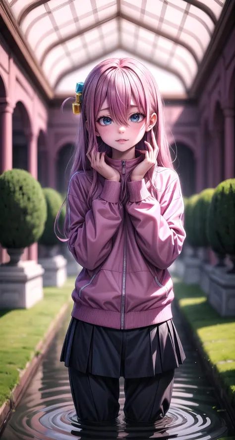 (masterpiece,intricate details),1girl,mature female,embarrassed _face, BREAK hitorigotou, <lora:hitorigotoutest:1>, hitori gotou, blue eyes, cube hair ornament, hair between eyes, hair ornament, pink hair, one side up, long hair, BREAK black skirt, jacket, long sleeves, pants, pants under skirt, (pink jacket:1.5), pink pants, pleated skirt, skirt, track jacket, track pants, track suit| ((standing on the rich golden tones of Spain's Alhambra Palace, reflecting in the tranquil waters of the Moorish gardens)),((cumulonimbus)),((upper body,portrait)),from below:1.3,depth of field,looking at viewer,<lora:coolpix:1>