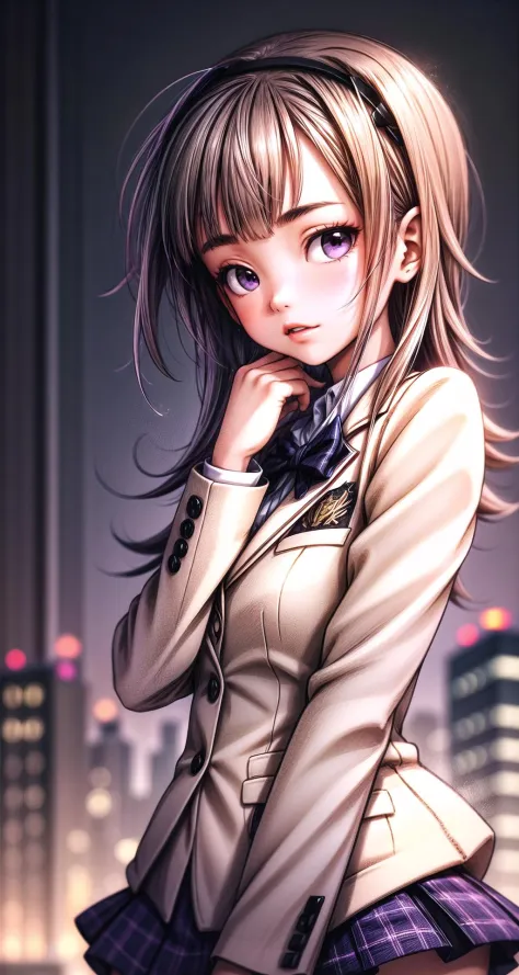 (masterpiece,intricate details),1girl,mature female,unfortunate _face, BREAK nanaminishijou, <lora:nanaminishijoutest:1>, nanami nishijou, long hair, brown hair, (purple eyes:1.1), hairband, BREAK skirt, school uniform, jacket, plaid, black pantyhose, plaid skirt, blazer, (brown jacket:1.2), (brown blazer:1.2)| ((standing on the The urban skyline sparkles at night, as countless city lights illuminate towering skyscrapers, creating a mesmerizing display of human ingenuity and progress.)),((cumulonimbus)),((upper body,portrait)),from above:1.4,depth of field,looking at viewer,<lora:coolpix:1>,<lora:flat222:0.5>