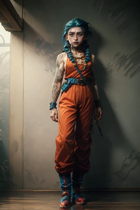 a woman with blue hair and tattoos standing in a room