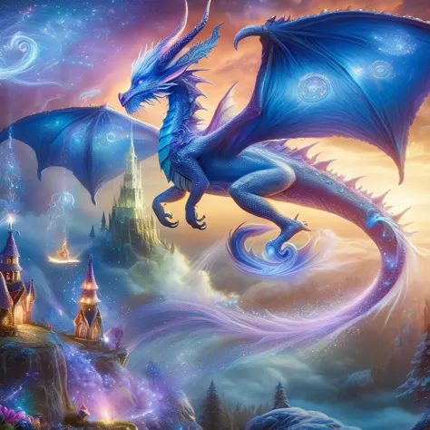 a blue dragon flying over a castle with a castle in the background