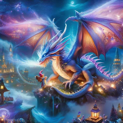 a painting of a dragon with a castle in the background