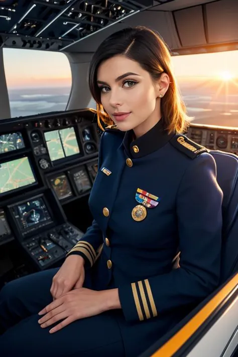 2. A female pilot (ethnicity: Caucasian, age: early 40s) in the cockpit of a commercial airliner (model: modern, advanced). She'...