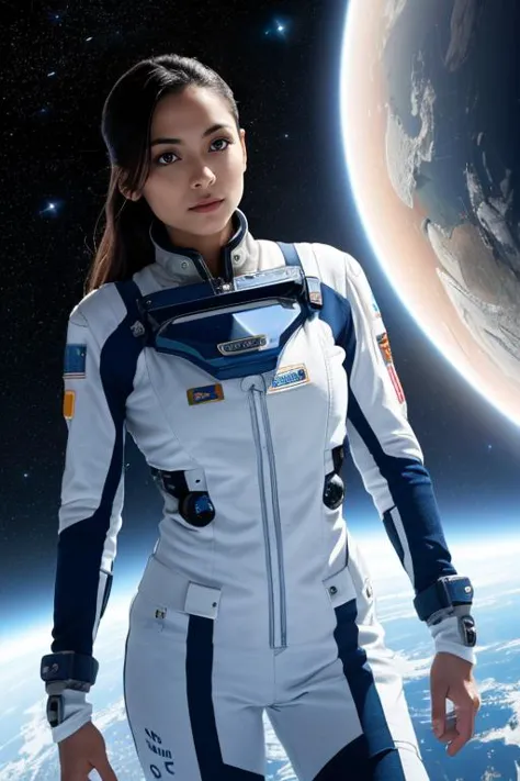 8. A female astronaut (ethnicity: Hispanic, age: late 30s) aboard a space station (setting: futuristic, zero gravity). She's wea...