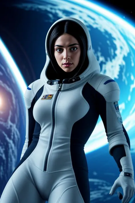 8. A female astronaut (ethnicity: Hispanic, age: late 30s) aboard a space station (setting: futuristic, zero gravity). She's wea...