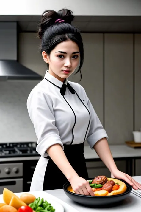 1. A young female chef (ethnicity: Hispanic, age: late 20s) in a bustling gourmet kitchen (setting: contemporary). She's wearing a stylish, tailored white chef's coat (fabric: stain-resistant cotton) with her name elegantly embroidered, paired with black, comfortable culinary pants. Her hair is tied up neatly under a chic chef's hat, and her makeup is minimal yet radiant. She's skillfully plating an exquisite dish (cuisine: fusion), with a focused and creative expression, surrounded by fresh, vibrant ingredients and state-of-the-art kitchen equipment.