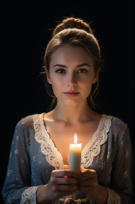 extremely detailed 16k UHD RAW photo of a woman with a candle in a pitch-black dark background, taken by a professional photogra...