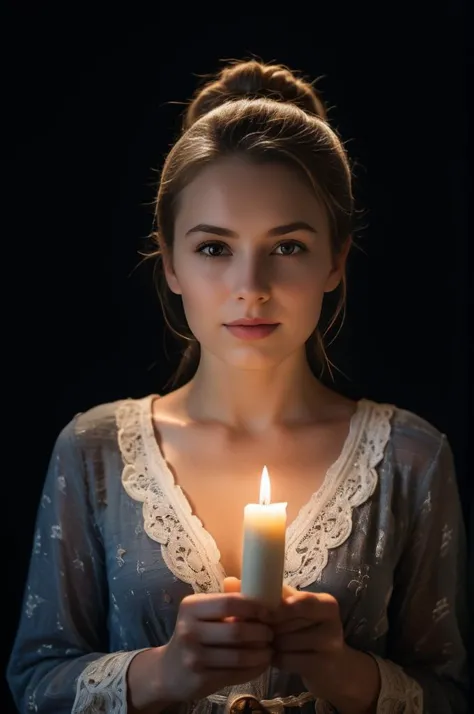 a woman holding a candle in her hands in a dark room