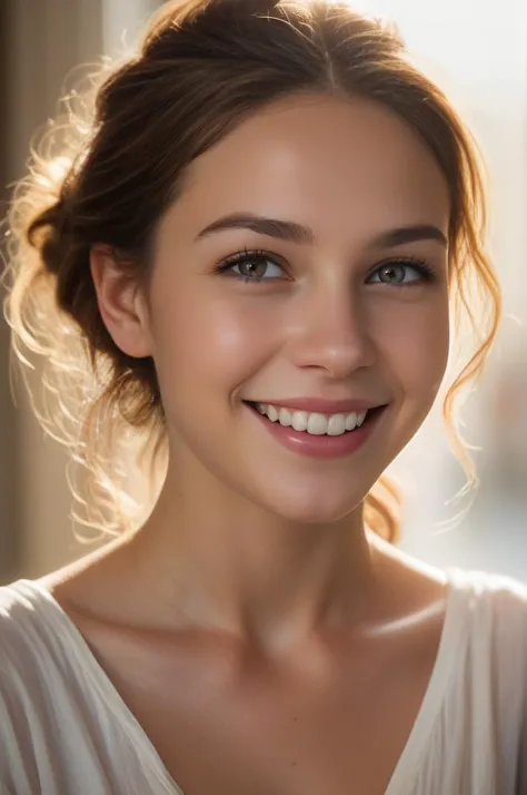 epic portrait of a beautiful girl with an unnaturally wide smile, beautiful!, dewy skin, ethereal, painting, concept art, warm l...