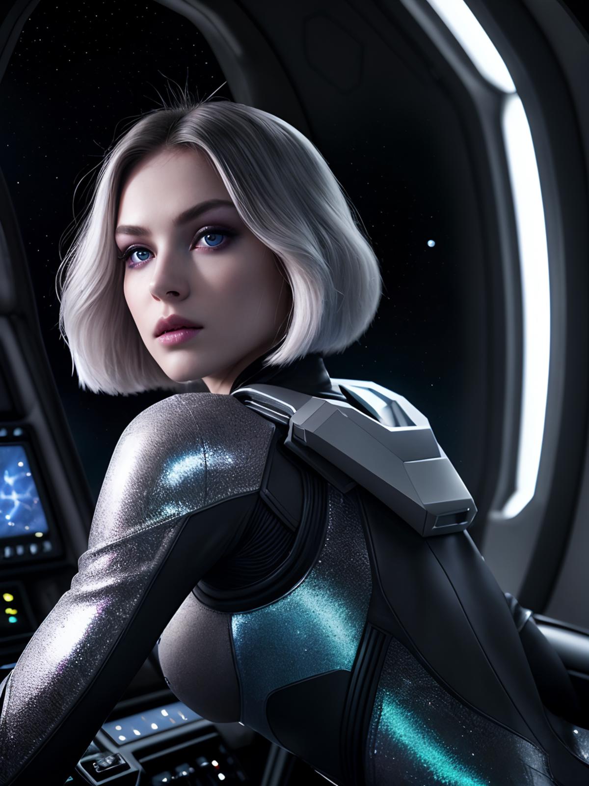 A woman in a futuristic suit sitting in a spaceship - SeaArt AI