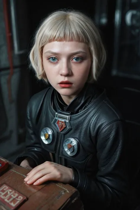 award winning movie still of a melodrama, full shot of a young platinum blond russian girl, wearing (russian soviet scifi retro ...