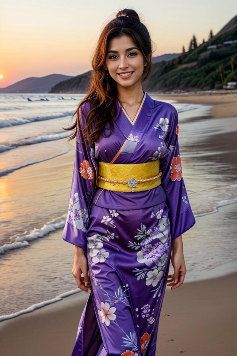 1 mulher, lindo, lindo em pé na praia indiana, nascer do sol, fechar foto vestido quimono roxo