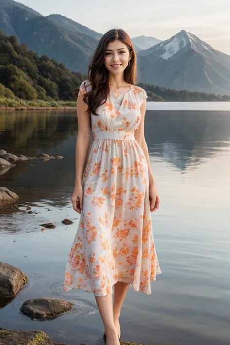 1 woman, detailed, realistic, standing, full body shot, Dawn, misty lakeside with a backdrop of mountains bathed in soft light.
...