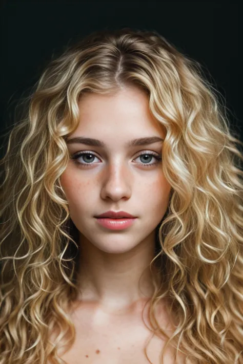 a portrait photo of a beautiful woman with curls and lots of freckles, (dirty blonde hair), (face portrait:1.5), dramatic light , Rembrandt lighting scheme, (hyperrealism:1.2), (photorealistic:1.2), shot with Canon EOS 5D Mark IV, detailed face, detailed h...