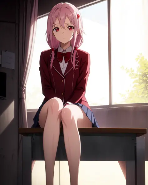 uniform, yuzuriha_inori,sitting,classroom,bare legs,