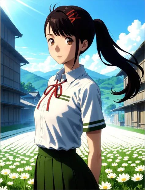 a woman in a school uniform standing in front of a building