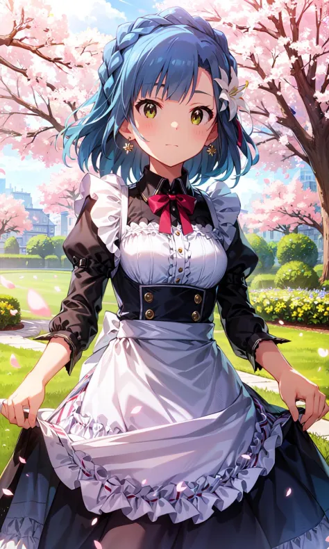 yuriko nanao (million live), (best quality, 8K, masterpiece, ultra detailed:1.2), cinematic angle,
flowery meadow, sparkle, light particles, garden,
1girl, solo, maid, maid headdress, apron,  weapon, earring, cute, floating petals, lily hair ornament, staning, skirt lift, cherry blossoms,