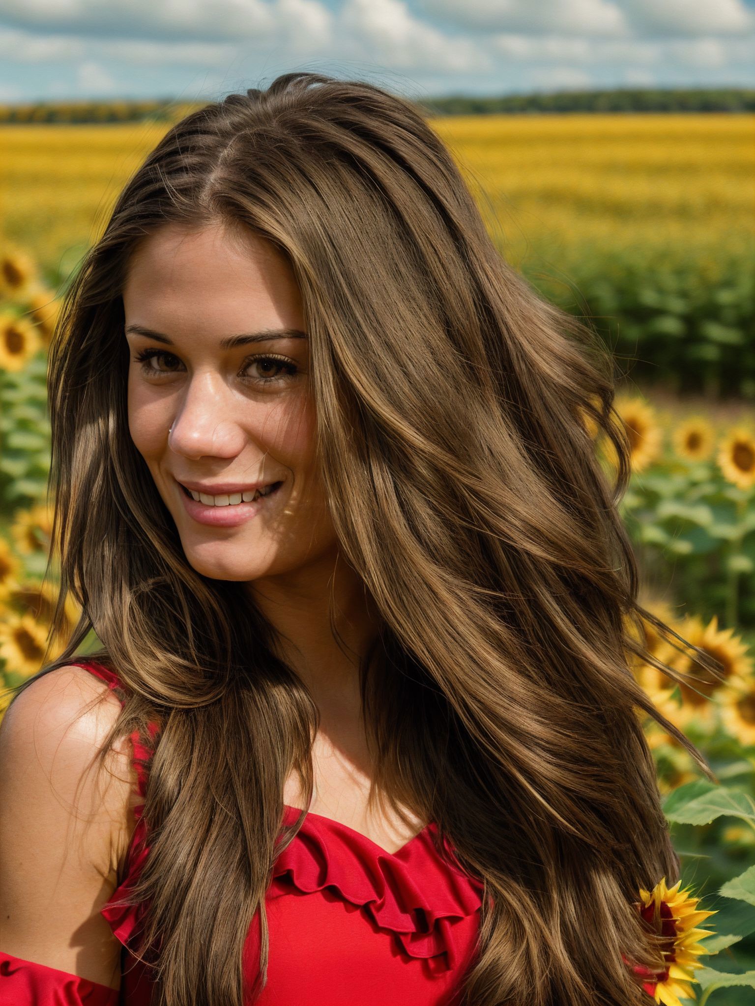 Arafed woman in a red dress standing in a field of sunflowers - SeaArt AI