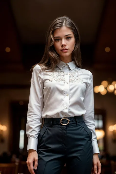 <lora:LittleCaprice_v1.0:0.8> LittleCaprice, (((standing in a fancy_restaurant))), modelshoot style, (extremely detailed CG unit...