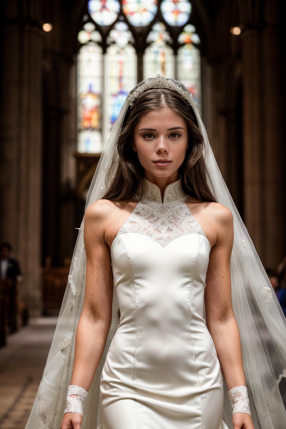 A woman in a wedding dress and veil walking down a church aisle - SeaArt AI