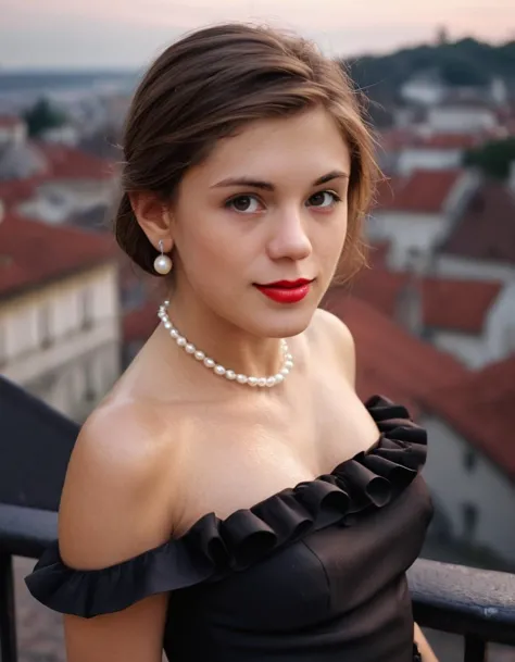 a close up of a woman wearing a black dress and a pearl necklace