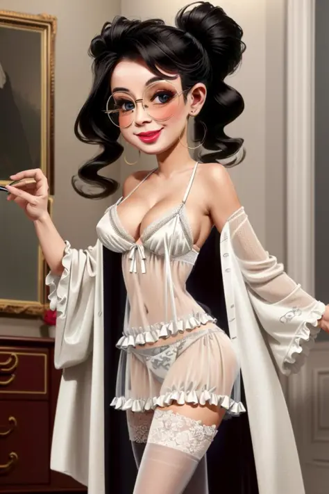 ((best quality)), ((masterpiece)), (detailed),(high-resolution:1.2),  adult woman, smiling
Claudia chiffre, glasses
white intricate silk lingerie sheered robe with frills edgTemptation, stockings, see through
<lora:more_details:0.3>