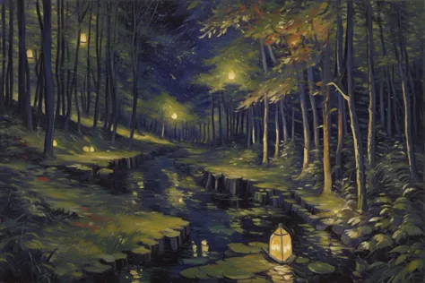 painting of a stream in a forest with a light at the end