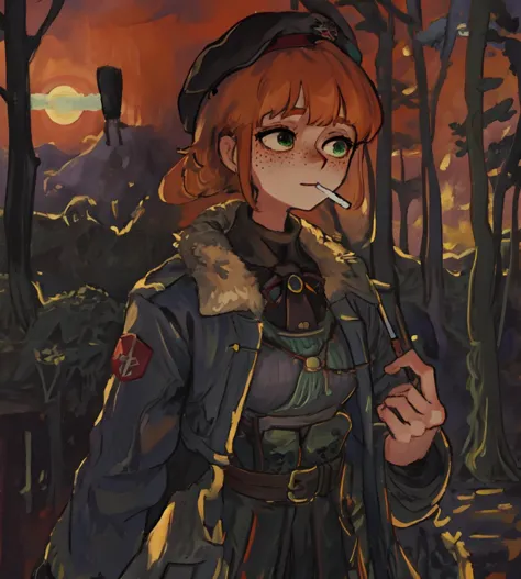 beret short orange hair freckles green eyes military uniform tomboy traditional media oil paint drawing <lora:Rifleman [27817]:0.8> (sfw) masterpiece high quality absurdres  (smoking a cigarette) dark shadows dim lighting dusk sunset forest winter coat shaded face fur trim bags under eyes looking away