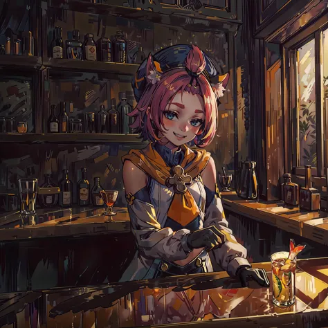 anime girl sitting at a bar with a drink in her hand