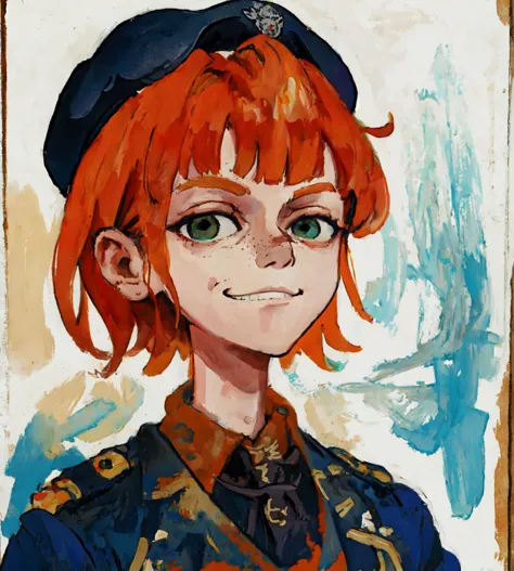 a painting of a woman with red hair and a blue hat