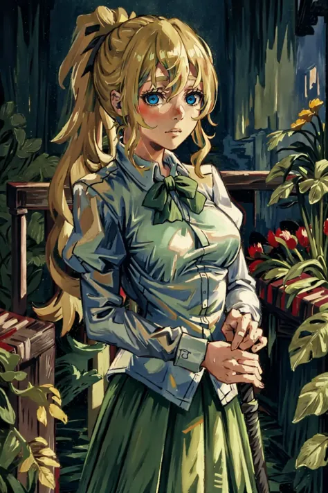 anime girl with long blonde hair and blue eyes standing in a garden