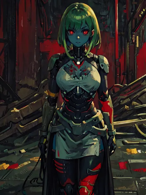 anime girl with green hair and red eyes standing in a dark alley