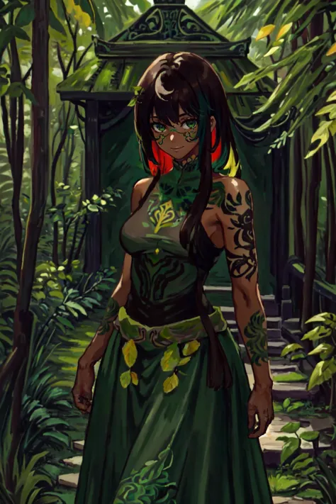 a painting of a woman in a green dress standing in a forest