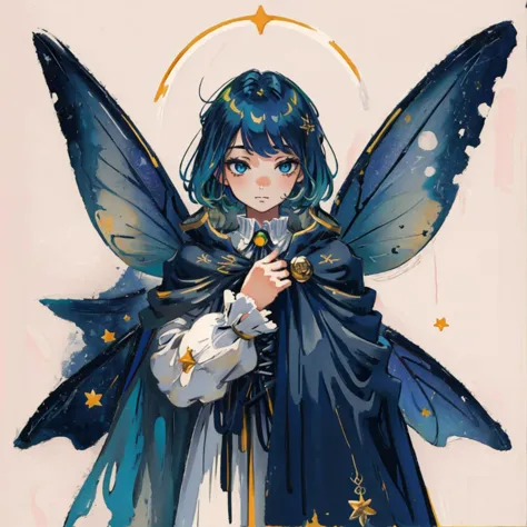 anime - style illustration of a fairy with a blue cape and a white dove