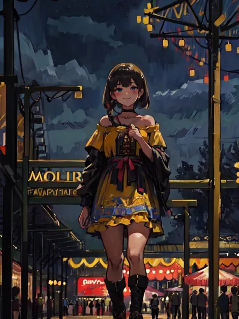 anime girl walking down a street at night with a clock in the background