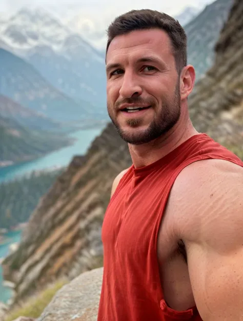 arafed man in red shirt standing on top of a mountain