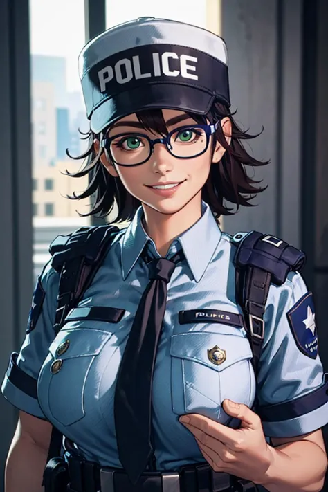 portrait en gros plan, souriant au spectateur, dents, 
mariewentz, lunettes à monture noire, yeux verts, chapeau de police, poche poitrine, vêtements, écriture, cravate, uniforme de police, Femme policier,
peau luisante, Réaliste,
à l&#39;intérieur, quartier général de la police, couleurs riches,
profondeur de champ, Arrière-plan flou,
