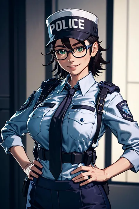 haut du corps, portrait, souriant au spectateur, dents,
mariewentz, lunettes à monture noire, yeux verts, chapeau de police, poche poitrine, vêtements, écriture, cravate, uniforme de police, Femme policier, main sur la hanche, 
peau luisante, Réaliste,
à l&#39;intérieur, quartier général de la police, couleurs riches,
profondeur de champ, Arrière-plan flou,
