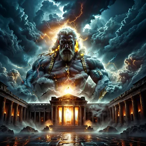 high quality, masterpiece, roman temple enveloped by dark clouds and lightning, angry looking zeus looking at viewer, white flow...