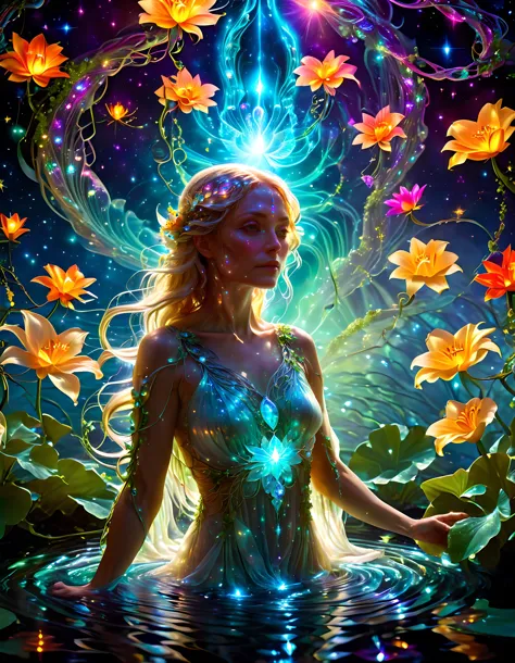 cinematic photo of a beautiful dryad a from ancient myths with glittery skin glowing with rainbow light, bioluminescent glow,. g...