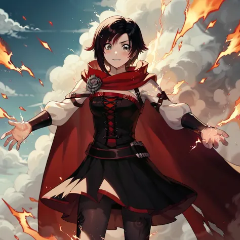 <lora:ruby-rose-ponyxl-lora-nochekaiser:1>,ruby rose,short hair,black hair,red hair,grey eyes,dress,pantyhose,cape,corset,belt,r...