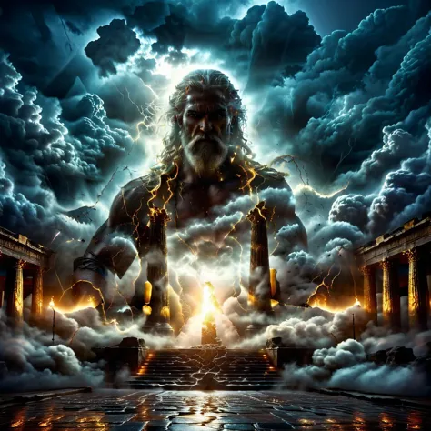 high quality, masterpiece, roman temple enveloped by dark clouds and lightning, angry looking zeus looking at viewer, white flow...