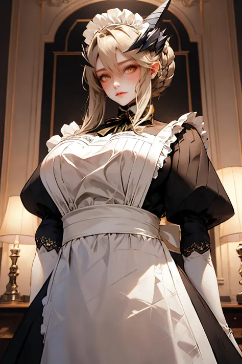 arafed image of a woman in a maid outfit standing in a room