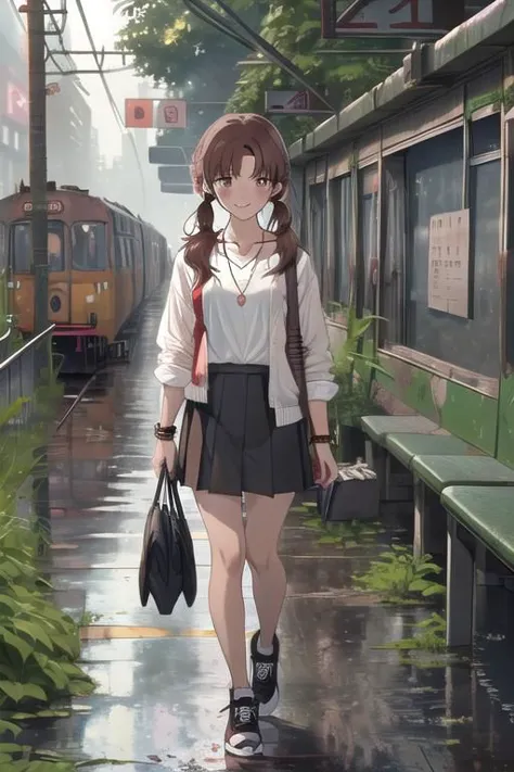 anime girl walking down a rain soaked street with a train in the background