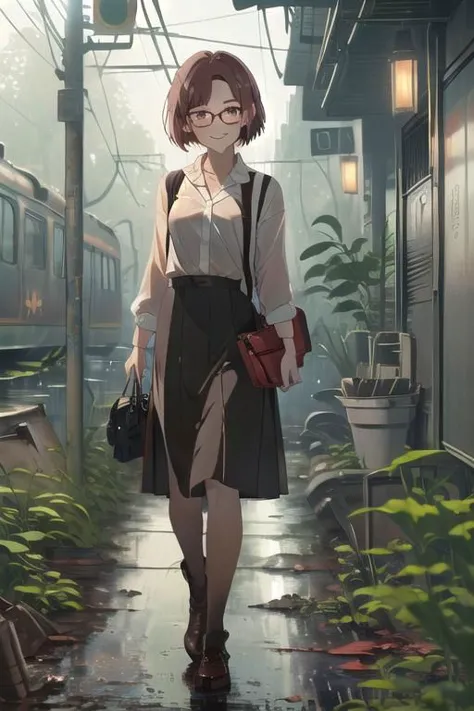 under rainy, 1woman,,mira_yoo, short hair, brown eyes, brown hair, asymmetric hair, hime cut, (white collard shirt), black skirt, medium breasts, glasses, evil smile, looking viewer, near, she is standing near rusted abandoned old subway train with many vegetation and weeds and red flowers and wall-climbing crawling plants and water in (dystopian city), tree canopy, sunlit, (weak lights and shadows), twilights, , (water flood), (under rainy), heavy rain, (twilights), rains