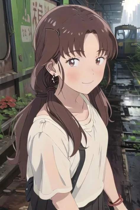 anime girl with long brown hair and white shirt standing in front of train tracks